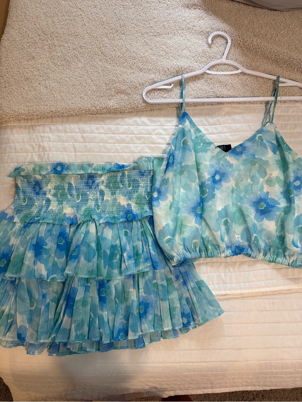 The Reset Blue Green Floral Mini Skirt & Crop Top Set